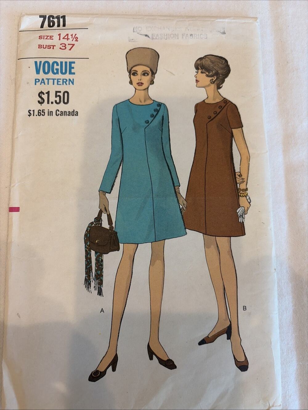 Vintage 1960s Vogue Sewing Pattern 7611, Half Size pattern, 14 1/2